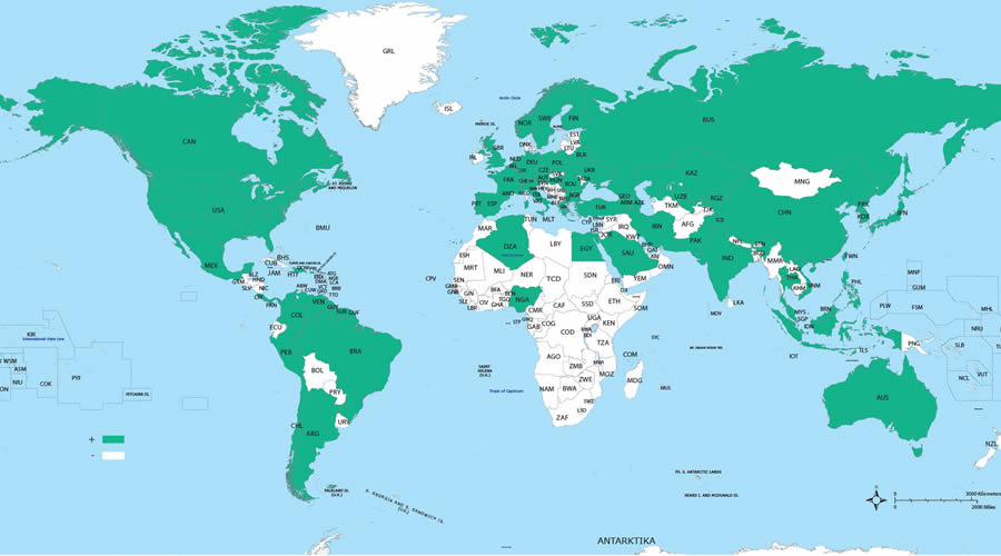 Nosači zrakoplova po zemljama - do 2022. - karta svijeta