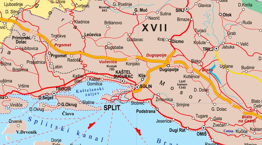 Road map Croatia - region Split