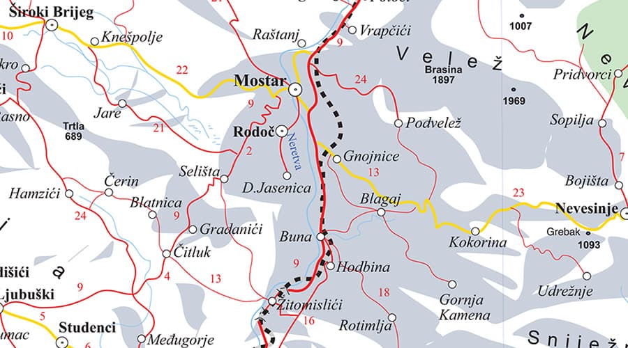 Road map Croatia, Slovenia, BH - rail Mostar