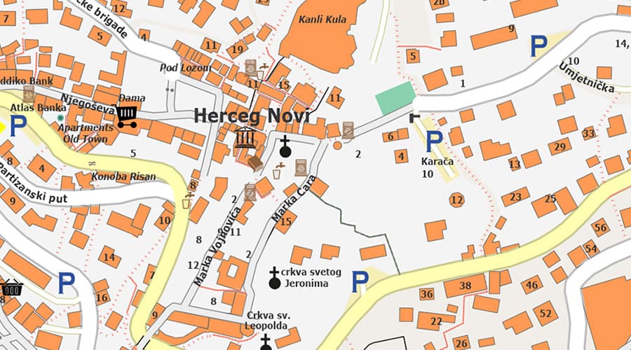 Herceg Novi (Montenegro) city map Kanli kula