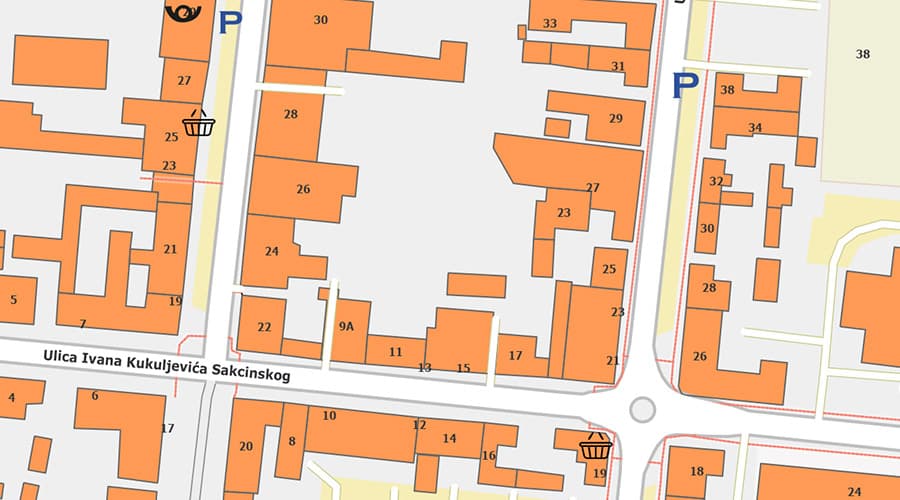 Sisak city map with house numbers centar