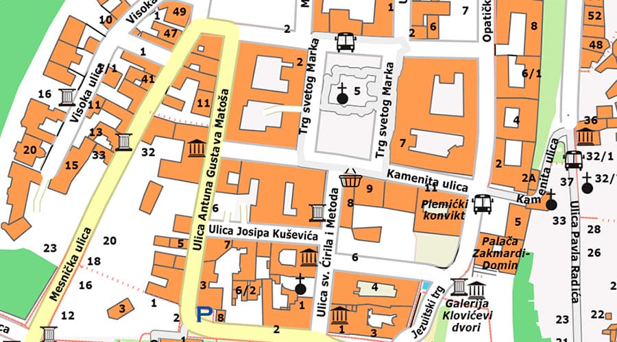 Zagreb city map with house numbers Trg Svetog Marka