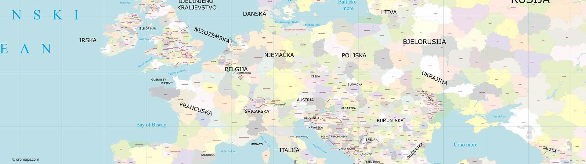 Europa - prikaz regija europskih država, zidna karta na platnu s letvicama