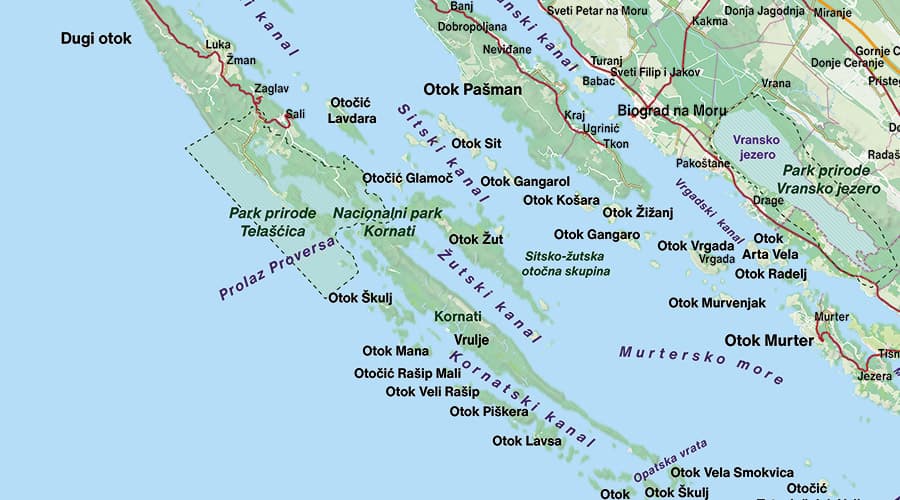 Dalmacija otoci karta Otok Kornati