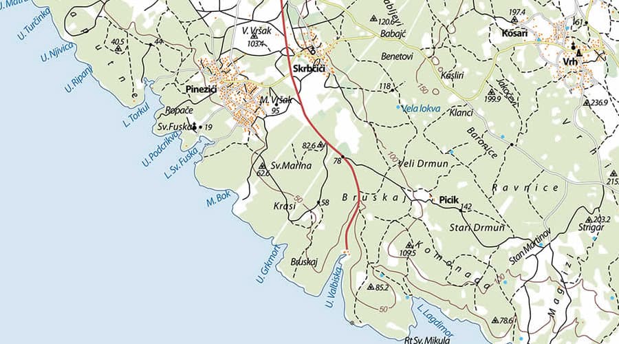 Otok Krk topografska karta Pinezići