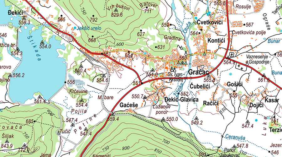 Lovinac-Posedarje topografska karta Gračac