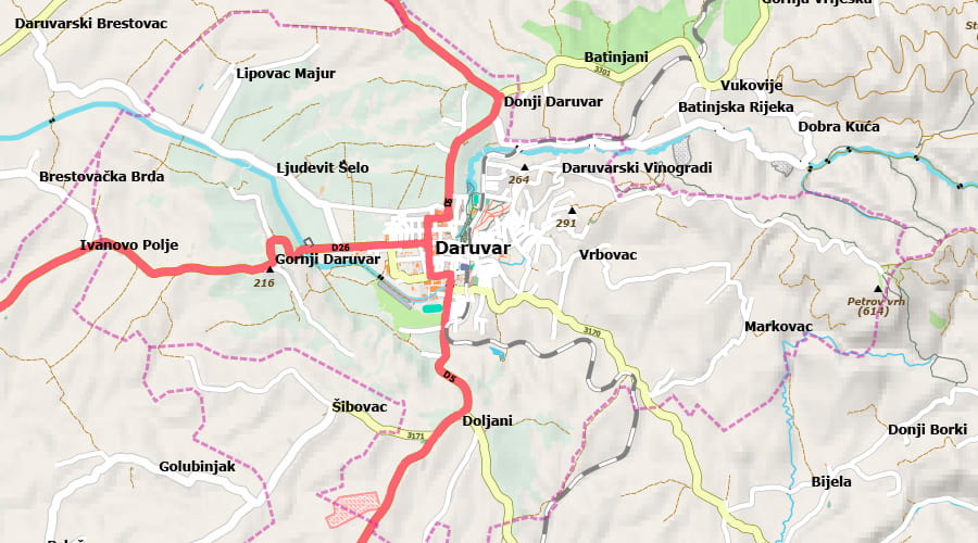 Bjelovarsko-bilogorska županija karta Daruvar